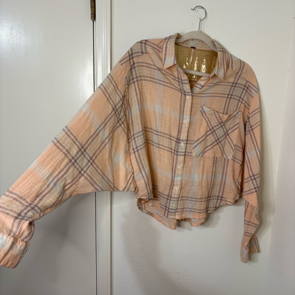Free People Cutie Cropped Plaid Shirt Oversized Dolman Sleeve Top Size Medium - Picture 5 of 16
